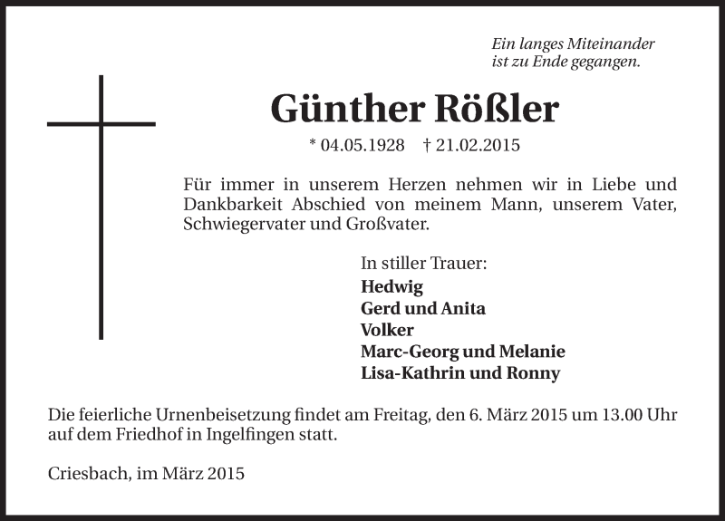  Traueranzeige für Günther Rößler vom 02.03.2015 aus 