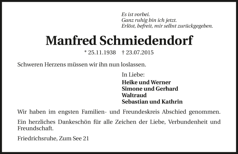  Traueranzeige für Manfred Schmiedendorf vom 01.08.2015 aus 