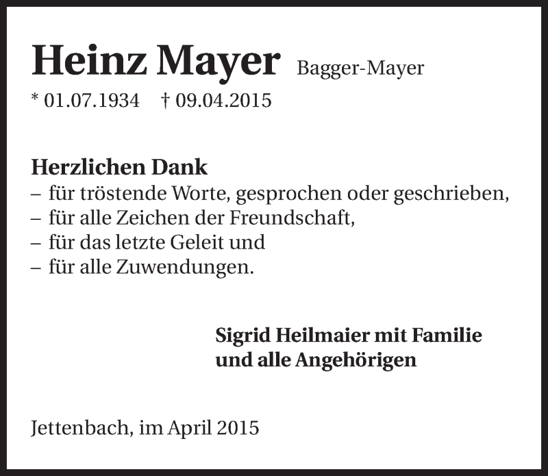  Traueranzeige für Heinz Mayer vom 24.04.2015 aus 