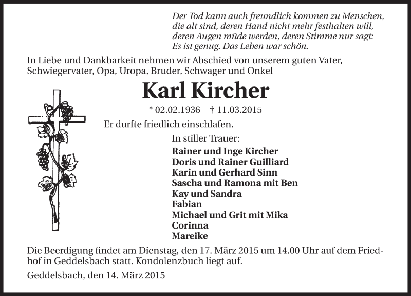  Traueranzeige für Karl Kircher vom 14.03.2015 aus 