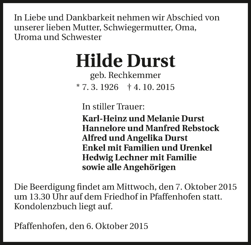  Traueranzeige für Hilde Durst vom 06.10.2015 aus 