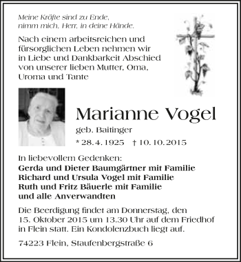 Traueranzeige von Marianne Vogel 