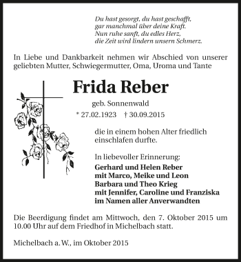 Traueranzeige von Frida Reber 