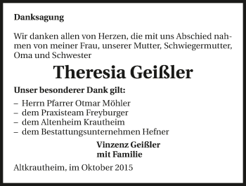 Traueranzeige von Theresia Geißler 
