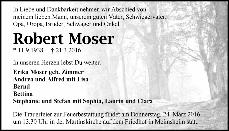  Traueranzeige für Robert Moser vom 23.03.2016 aus 