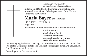 Traueranzeige von Maria Bayer 