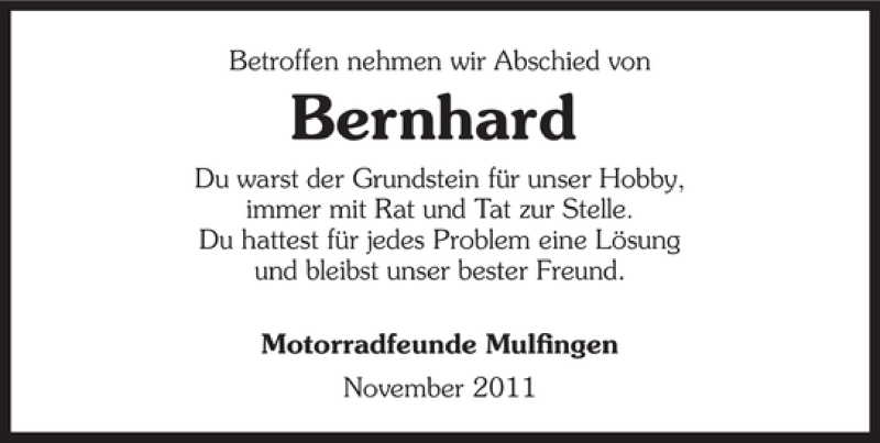  Traueranzeige für Bernhard Bernhard vom 10.11.2011 aus 