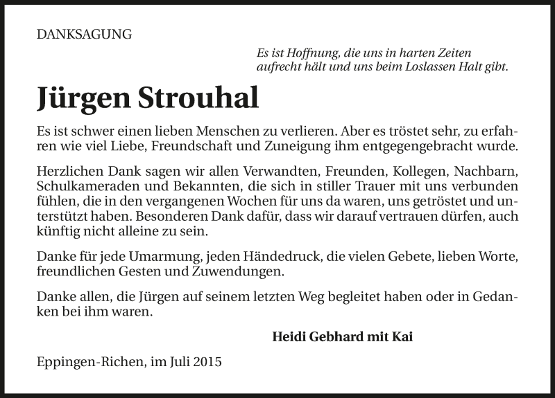  Traueranzeige für Jürgen Strouhal vom 18.07.2015 aus 