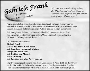Traueranzeige von Gabriele Frank 