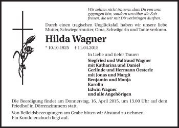 Traueranzeige von Hilda Wagner 