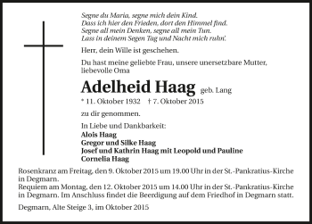 Traueranzeige von Adelheid Haag 