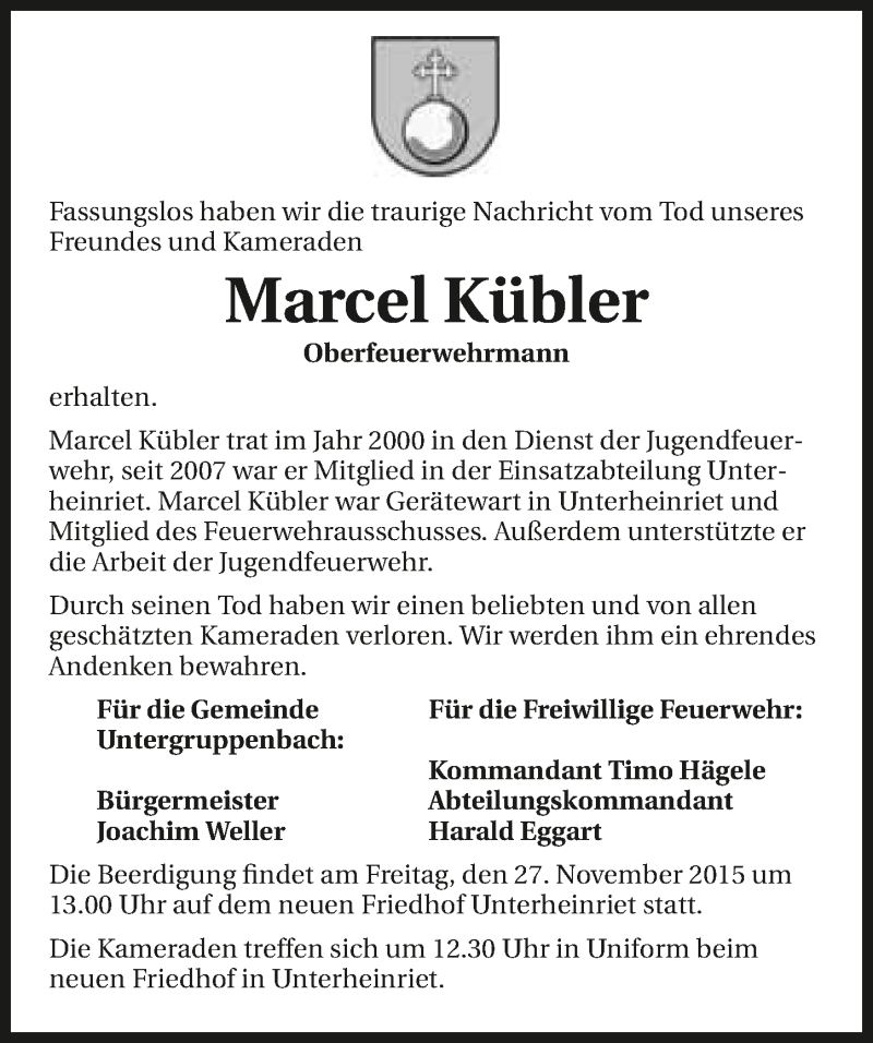  Traueranzeige für Marcel Kübler vom 25.11.2015 aus 