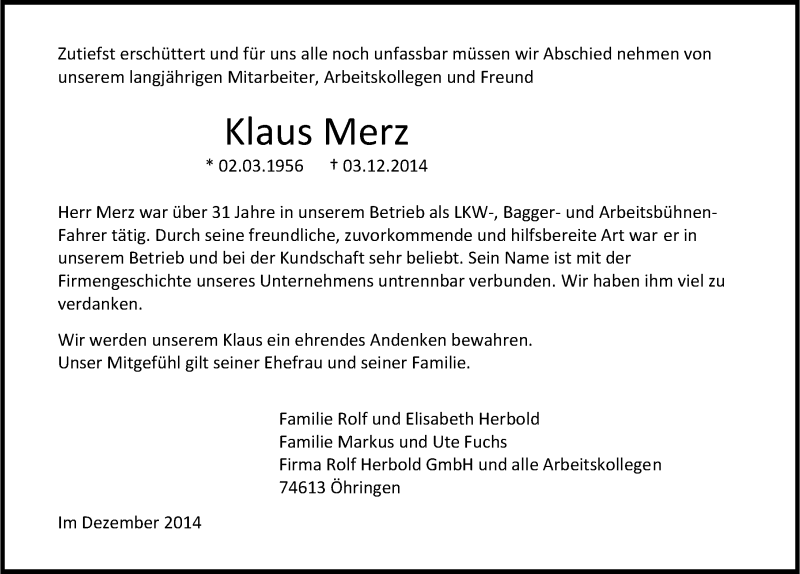  Traueranzeige für Klaus-Dieter Merz vom 07.01.2015 aus 