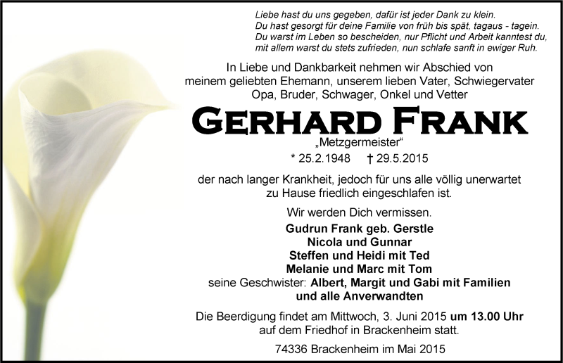  Traueranzeige für Gerhard Frank vom 30.05.2015 aus 