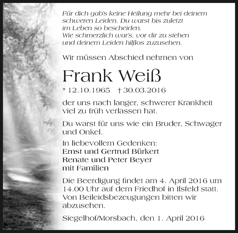  Traueranzeige für Frank Weiß vom 01.04.2016 aus 