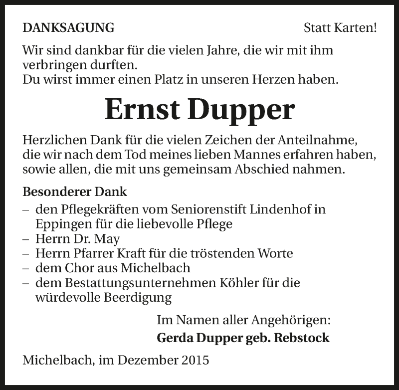  Traueranzeige für Ernst Dupper vom 22.12.2015 aus 