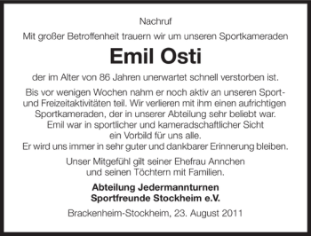 Traueranzeige von Emil Osti 