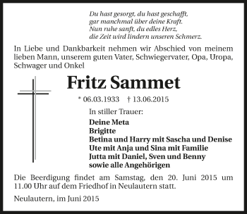 Traueranzeige von Fritz Sammet 