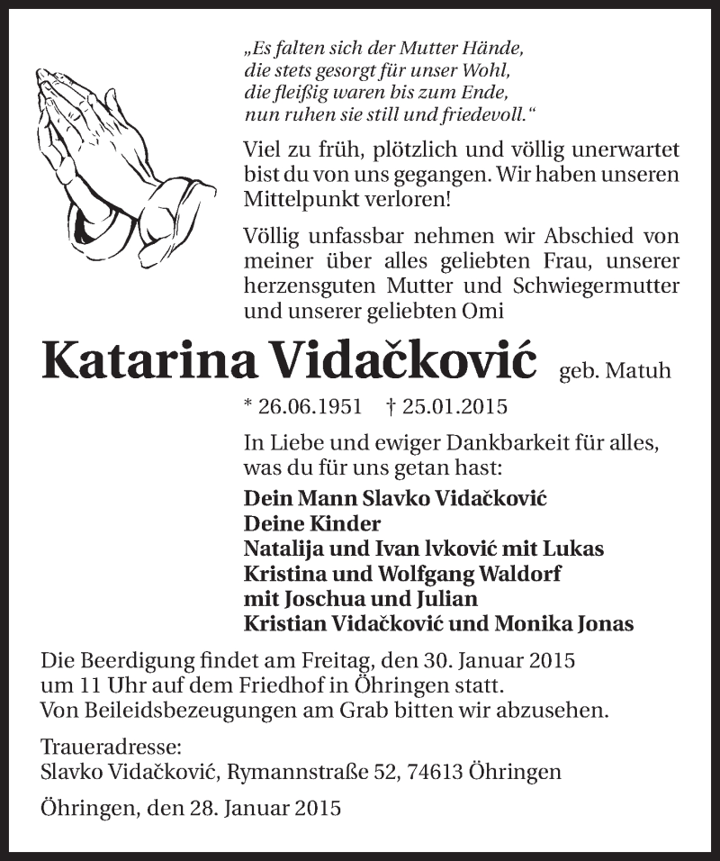  Traueranzeige für Katarina Vidackovic vom 28.01.2015 aus 