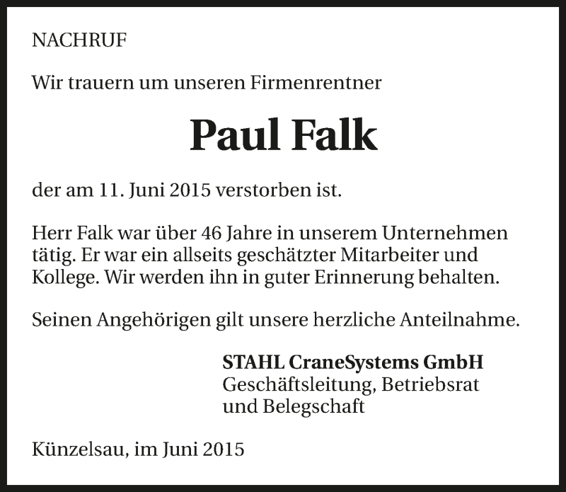  Traueranzeige für Paul Falk vom 16.06.2015 aus 