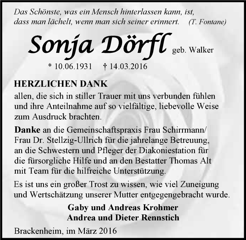  Traueranzeige für Sonja Dörfl vom 02.04.2016 aus 