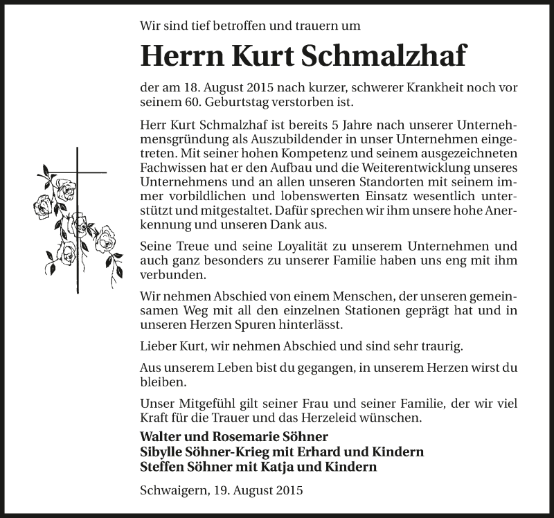  Traueranzeige für Kurt Schmalzhaf vom 20.08.2015 aus 