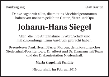 Traueranzeige von Johann-Hans Siegel 