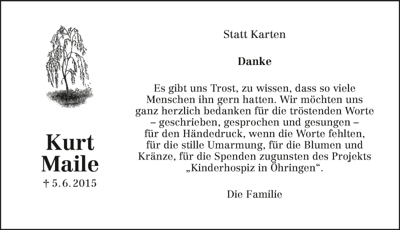  Traueranzeige für Kurt Maile vom 27.06.2015 aus 