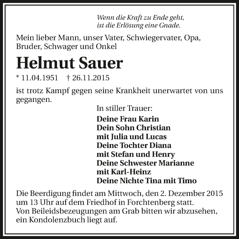  Traueranzeige für Helmut Sauer vom 30.11.2015 aus 