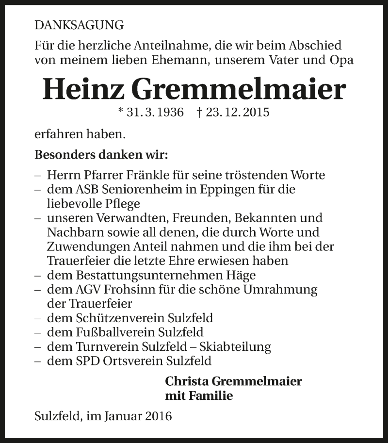  Traueranzeige für Heinz Gremmelmaier vom 09.01.2016 aus 
