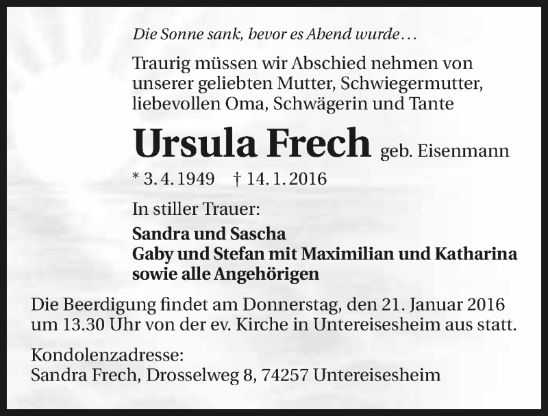  Traueranzeige für Ursula Frech vom 18.01.2016 aus 
