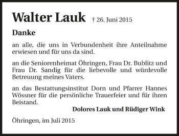Traueranzeige von Walter Lauk 