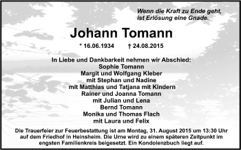 Traueranzeige von Johann Tomann 