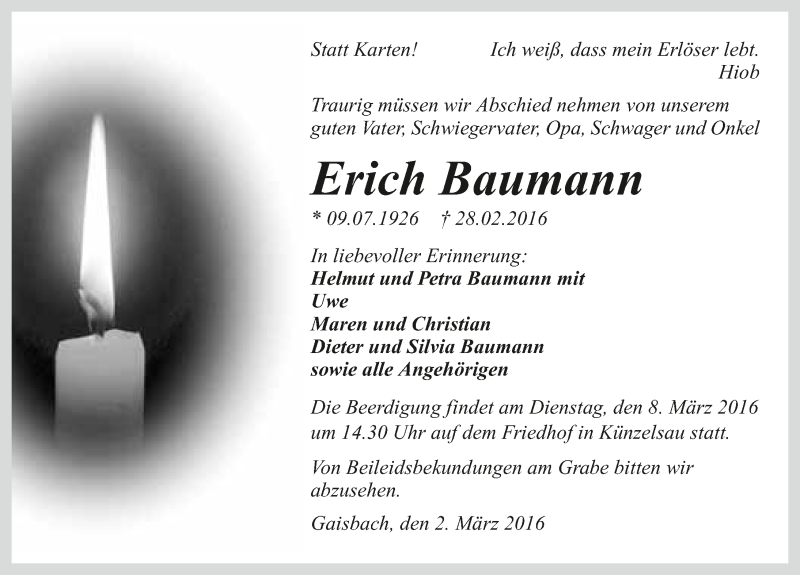  Traueranzeige für Erich Baumann vom 02.03.2016 aus 