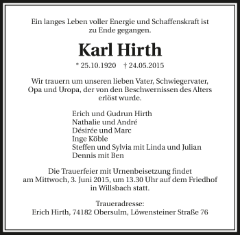 Traueranzeige von Karl Hirth 