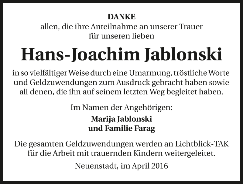  Traueranzeige für Hans-Joachim Jablonski vom 26.04.2016 aus 