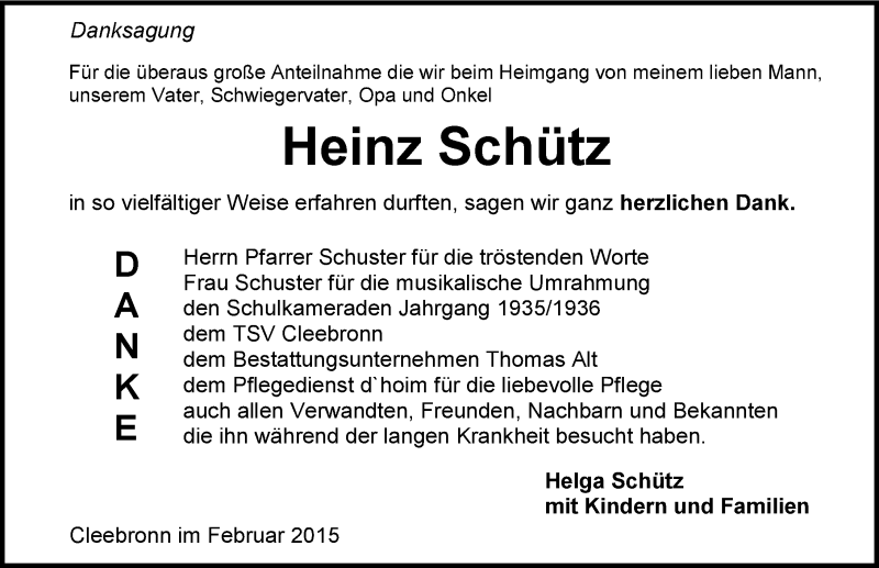  Traueranzeige für Heinz Schütz vom 04.02.2015 aus 
