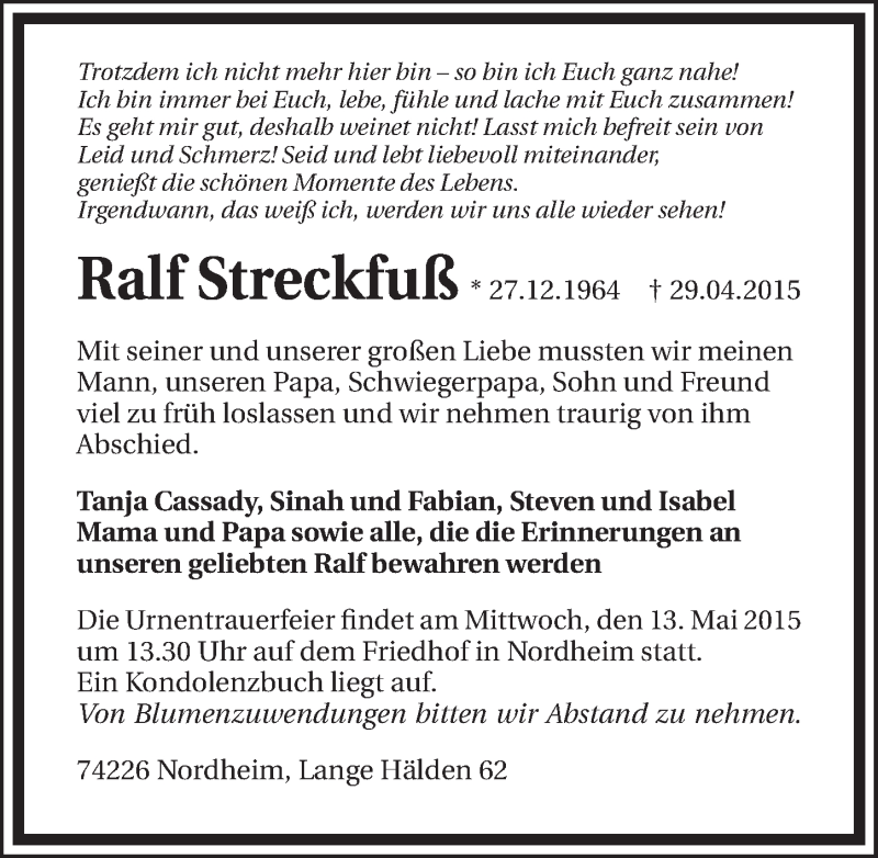  Traueranzeige für Ralf Streckfuß vom 02.05.2015 aus 