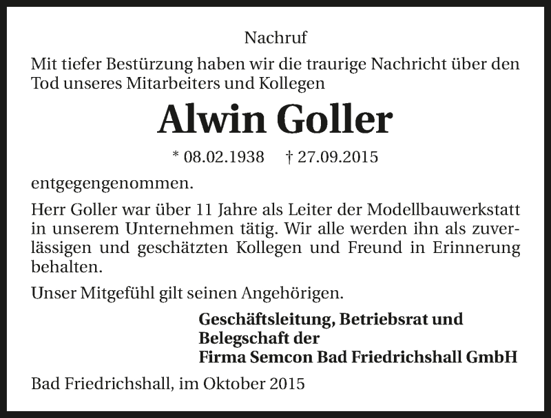  Traueranzeige für Alwin Goller vom 16.10.2015 aus 