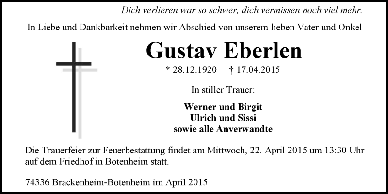  Traueranzeige für Gustav Eberlen vom 18.04.2015 aus 
