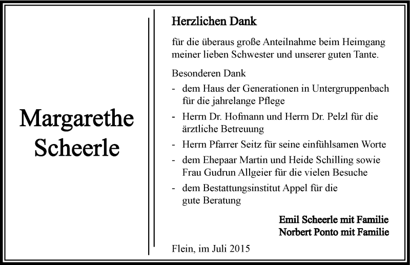  Traueranzeige für Margarethe Scheerle vom 24.07.2015 aus 