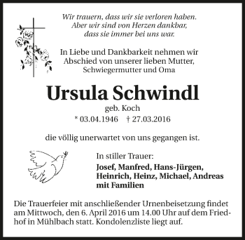 Traueranzeige von Ursula Schwindl 