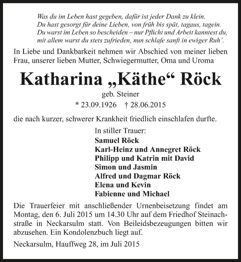 Traueranzeige für Katharina Röck vom 03.07.2015 aus 
