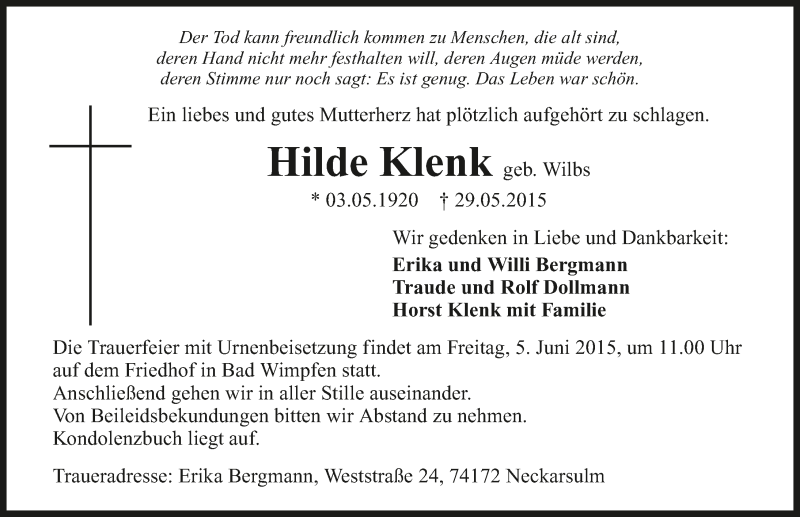  Traueranzeige für Hilde Klenk vom 02.06.2015 aus 