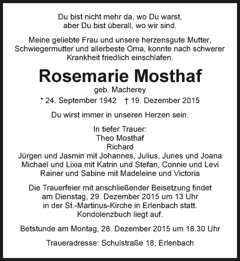  Traueranzeige für Rosemarie Mosthaf vom 22.12.2015 aus 