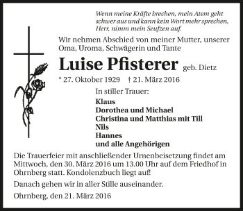 Traueranzeige von Luise Pfisterer 