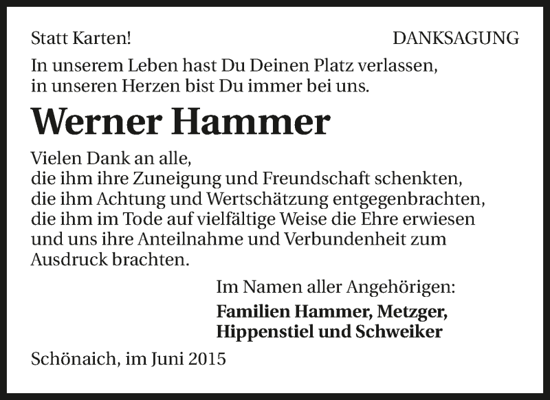  Traueranzeige für Werner Hammer vom 04.07.2015 aus 