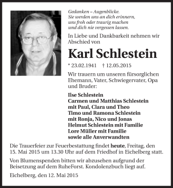 Traueranzeige von Karl Schlestein 
