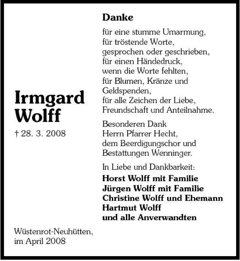  Traueranzeige für Irmgard Wolff vom 19.04.2008 aus 