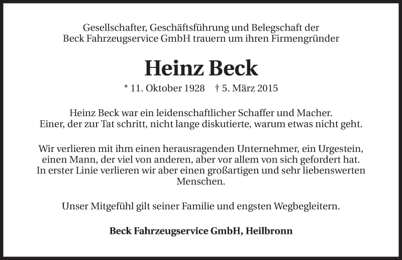  Traueranzeige für Heinz Beck vom 09.03.2015 aus 